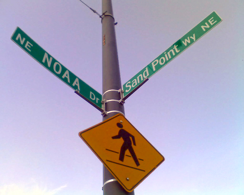 Sign at corner of NE NOAA Drive and Sand Point Way NE, October 2009