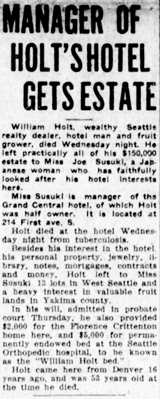 Artile from the front page of the November 18, 1915, Seattle Star, on the death of William Holt